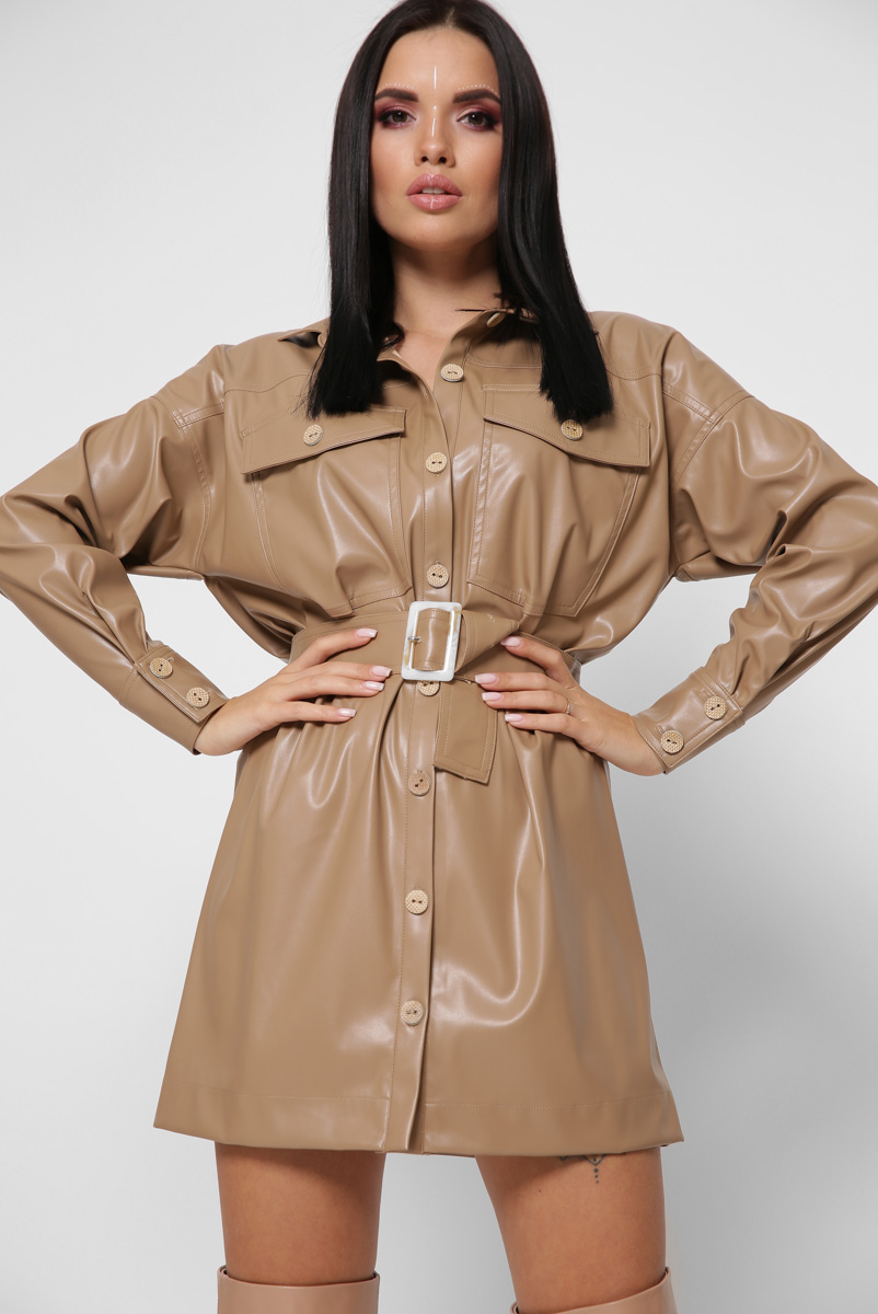 Короткое платье-рубашка из эко-кожи цвет бежевый 38297