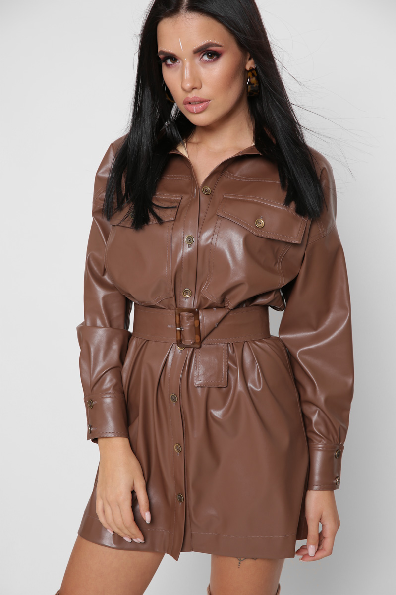 Короткое платье-рубашка с эко-кожи цвет коричневый 38295