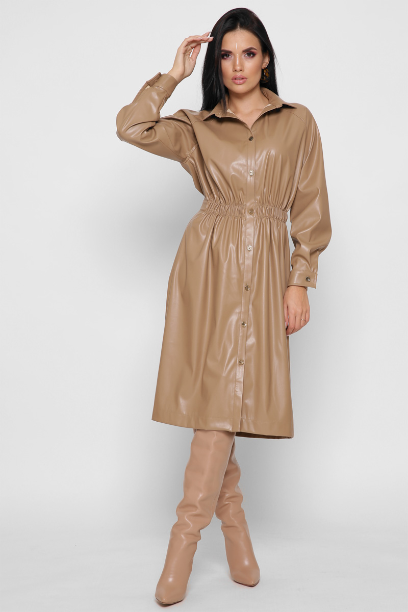 Кожаное платье-рубашка цвет бежевый 38299