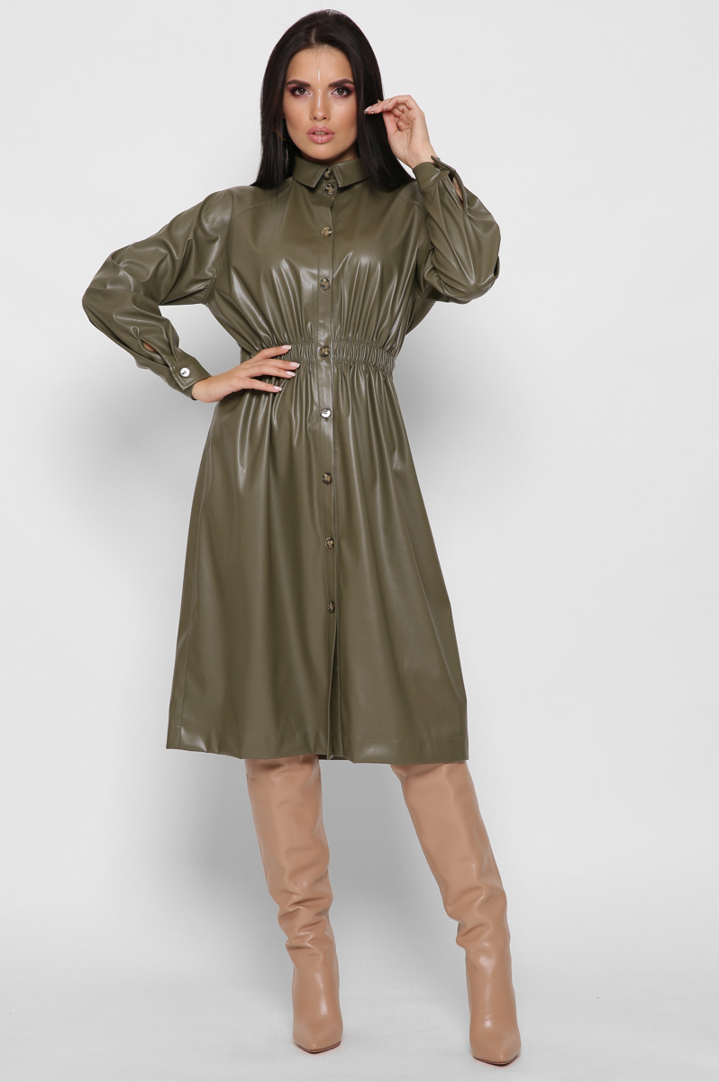 Кожаное платье-рубашка цвет оливка 38298