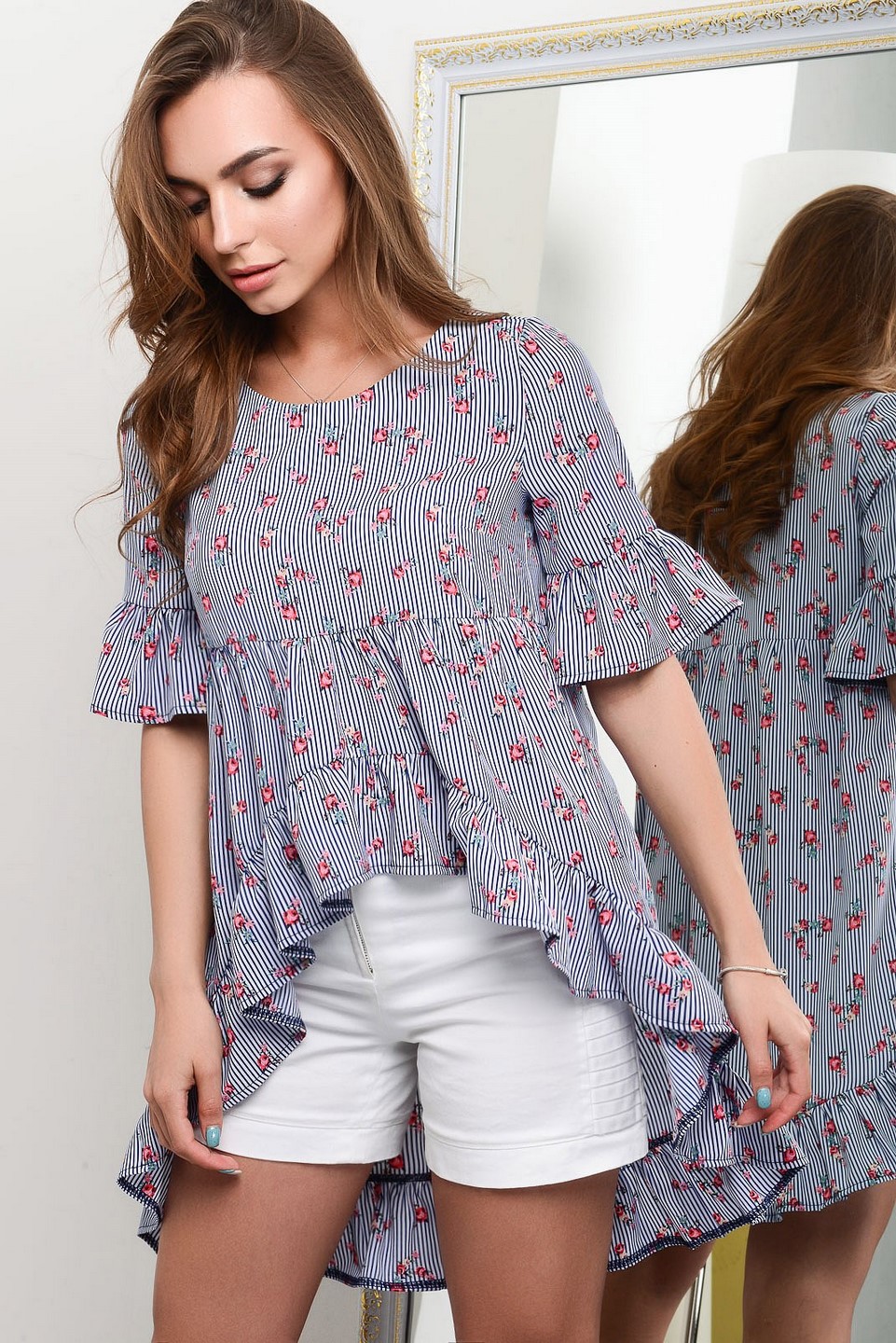 Летняя синяя блуза оверсайз 27041