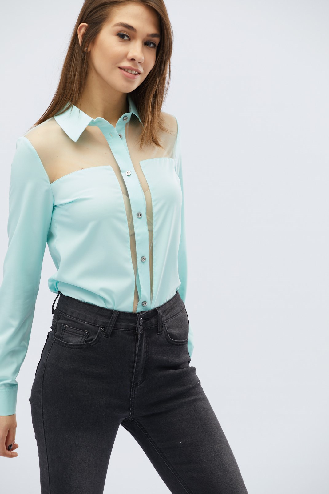 Стильная нефритовая блузка на пуговицах 27962