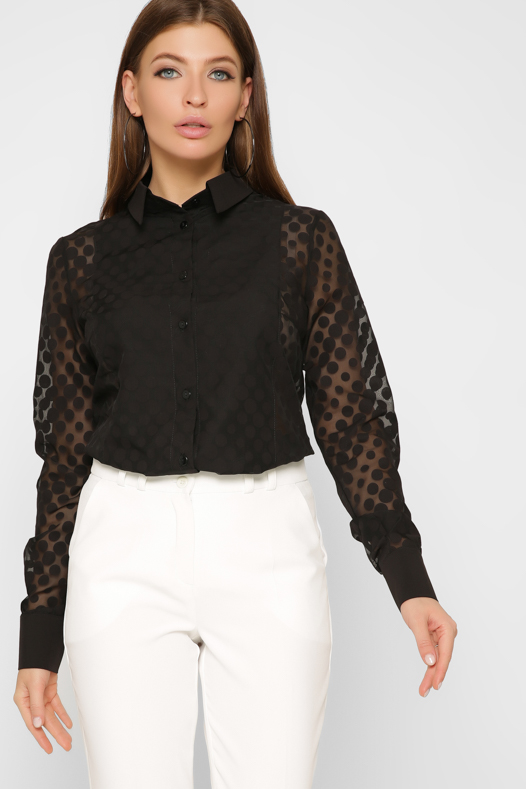 Черная блуза в горох с прозрачными вставками 36940 xp-1678 Черная блуза в горох с прозрачными вставками 36940 xp-1678