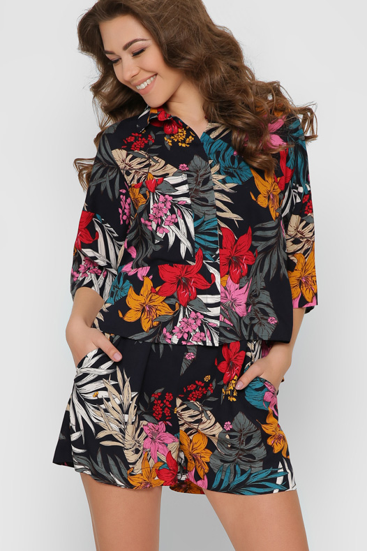 Синий летний костюм с тропическим принтом 48814