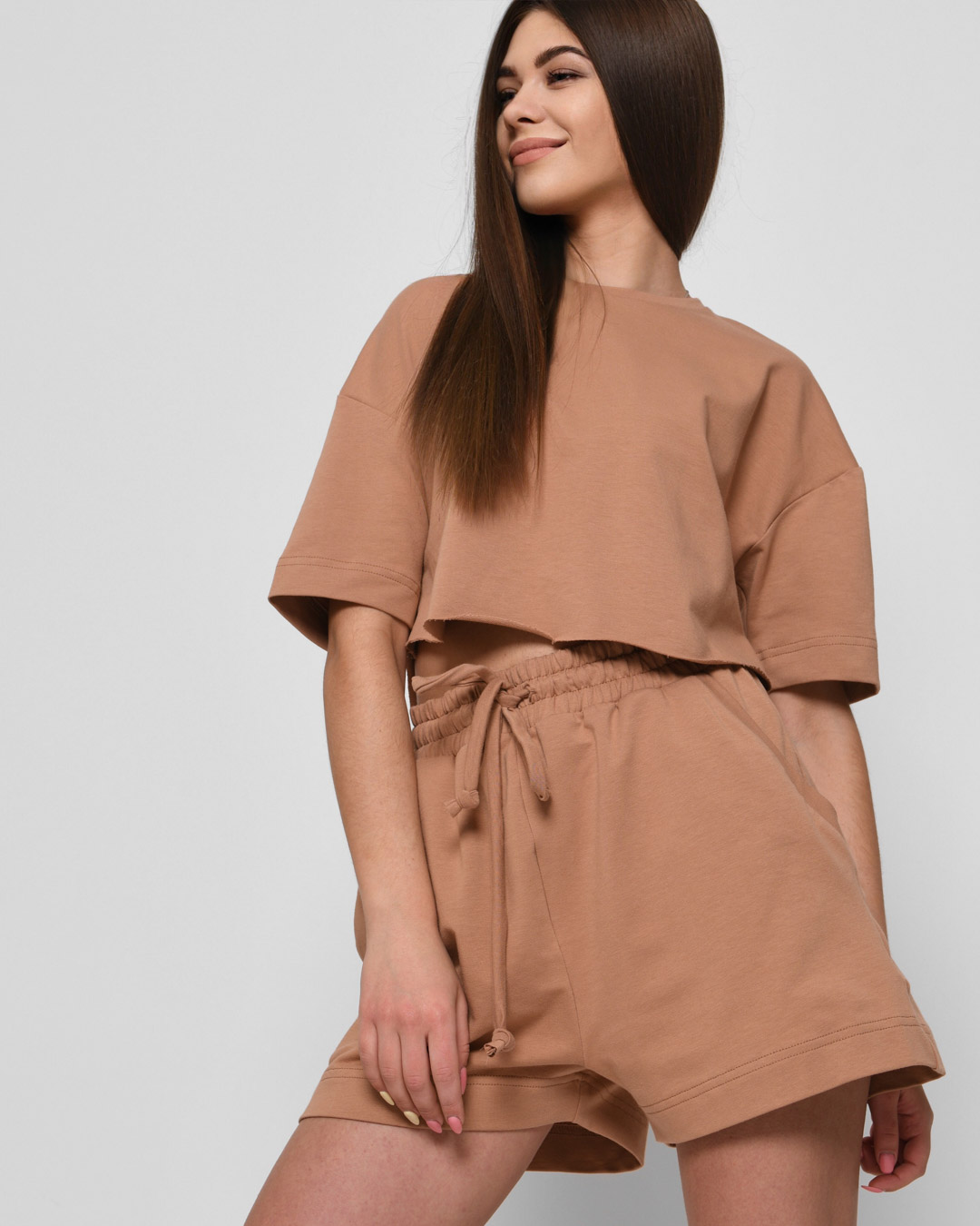 Летний костюм с кроп-топом и шортами цвет песок 48798 xp-2489 Летний костюм с кроп-топом и шортами цвет песок 48798 xp-2489