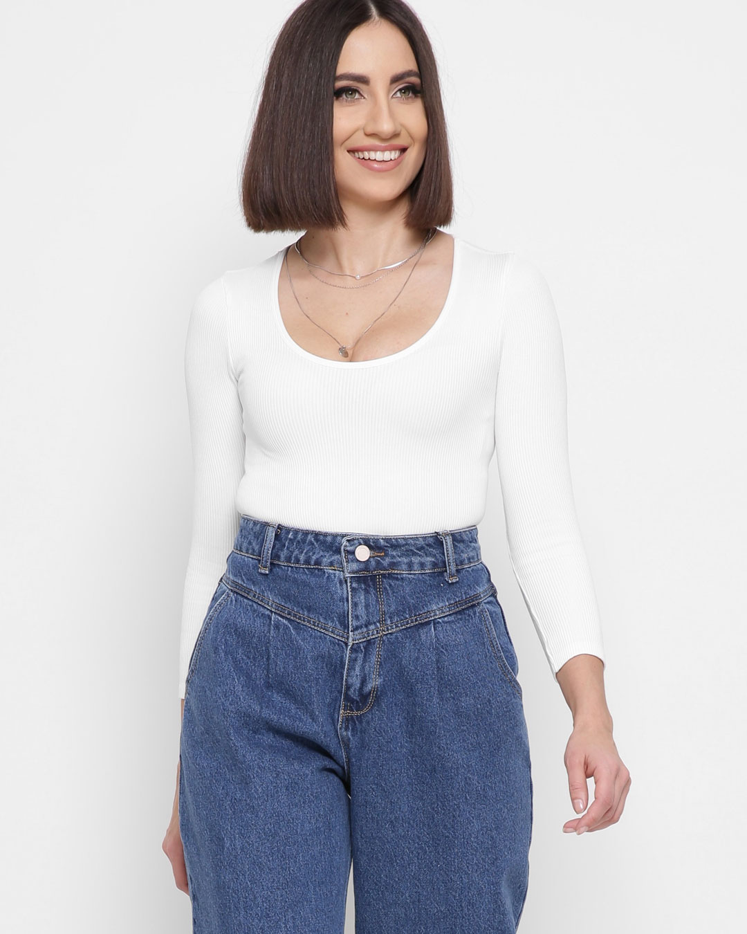 Белый облегающий топ с длинными рукавами 43341