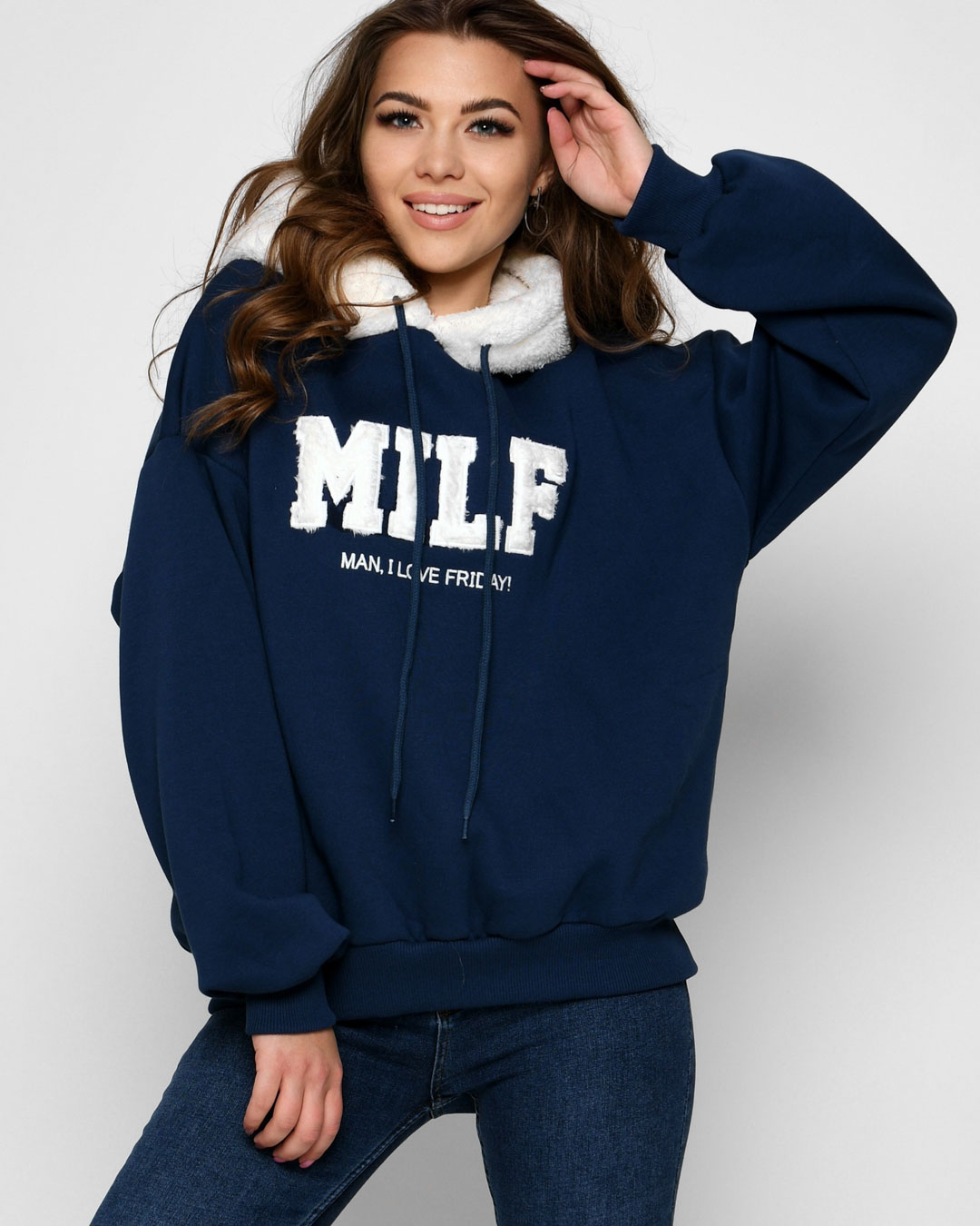 Теплое синее худи в американском стиле 52336