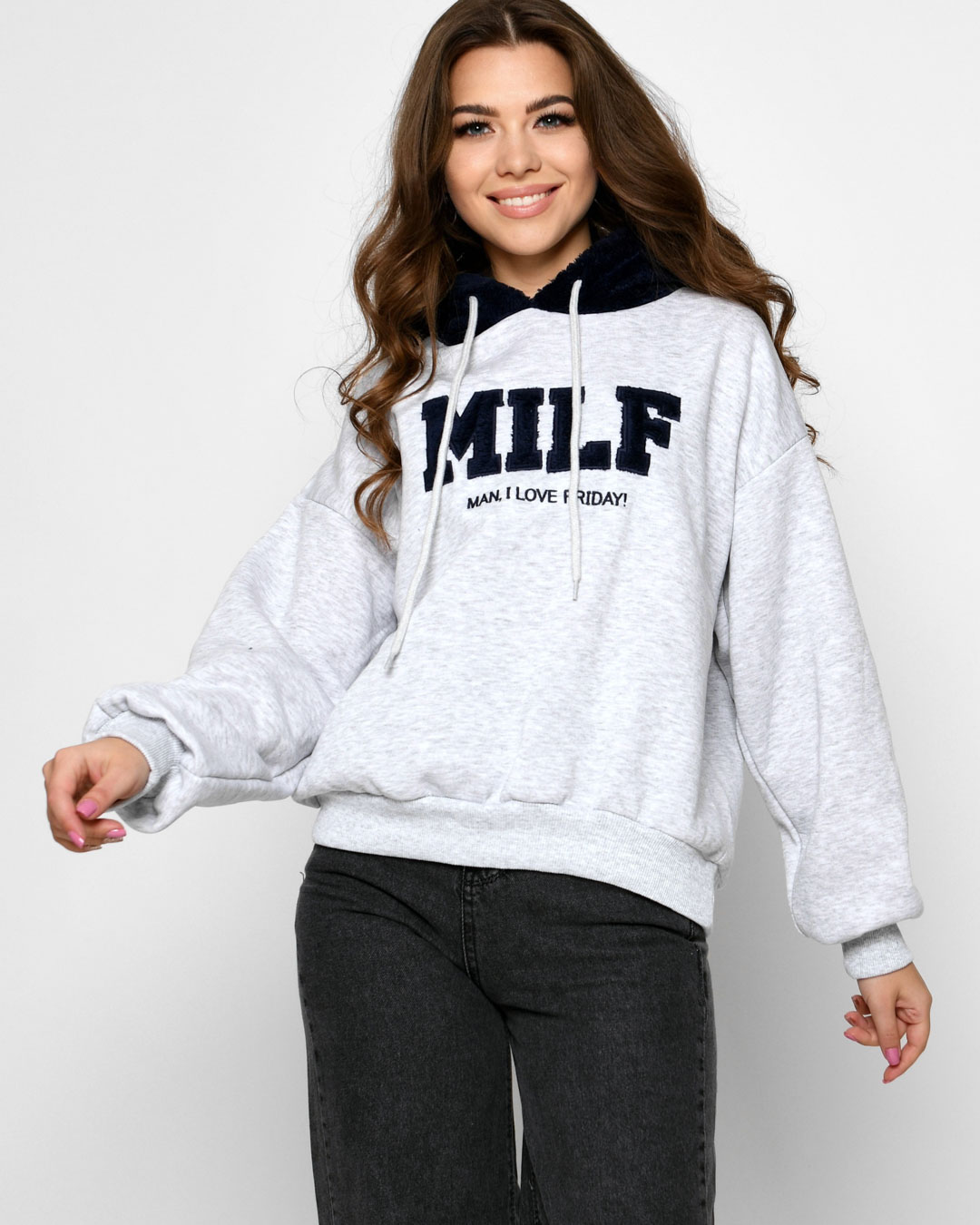 Теплое серое худи в американском стиле 52335