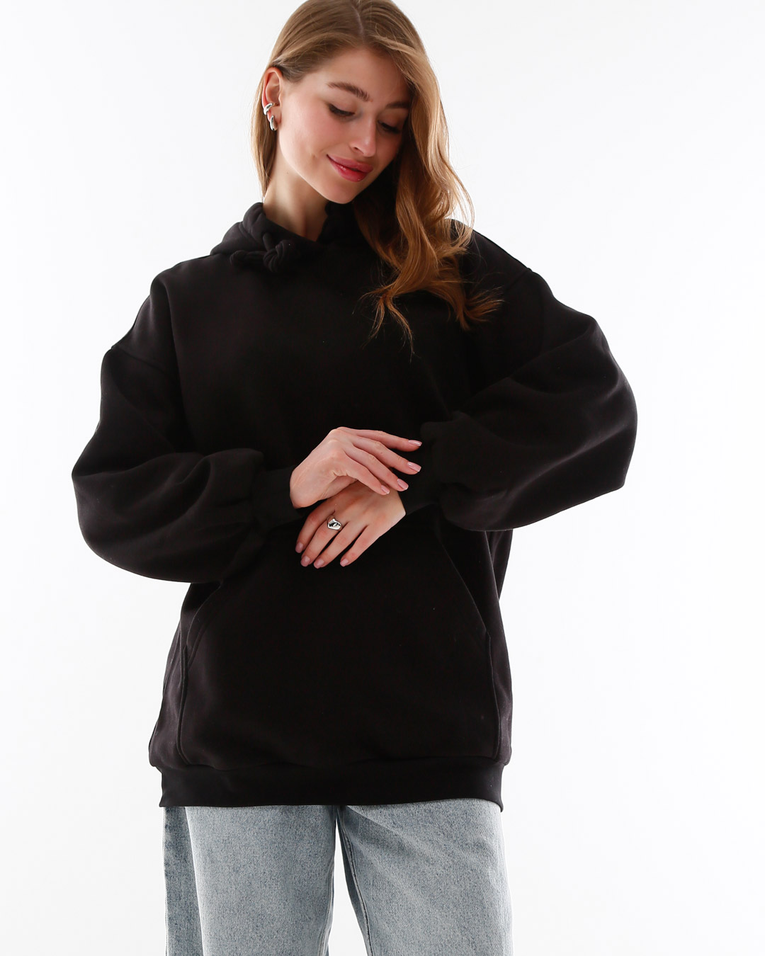 Женский черный худи оверсайз на флисе 53327