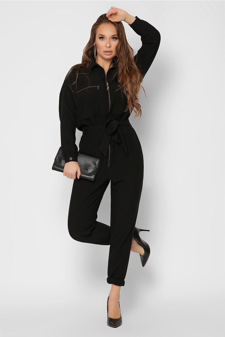 Женский черный комбинезон с большими карманами 36718