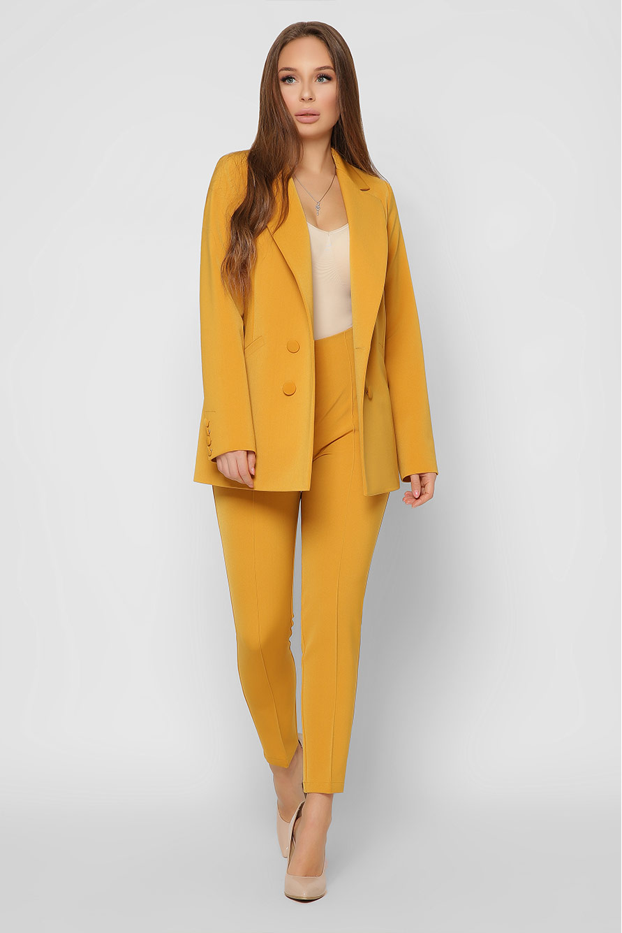 Длинный двубортный пиджак с карманами цвет горчица 36611