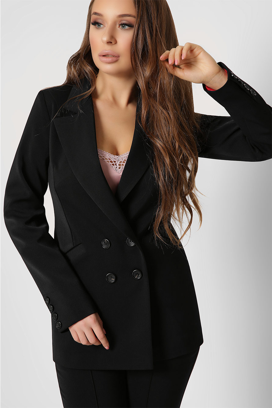 Длинный двухбортный пиджак с карманами цвет черный 36613